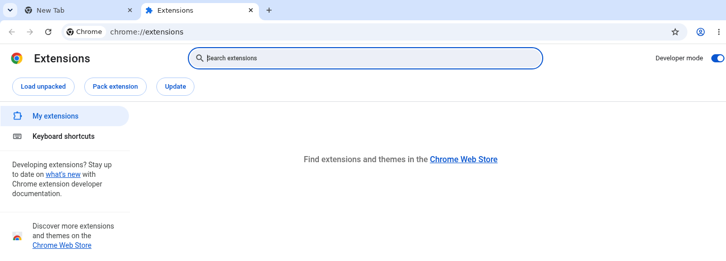 Chrome Extensions showing Developer mode enabled and Load unpacked ready