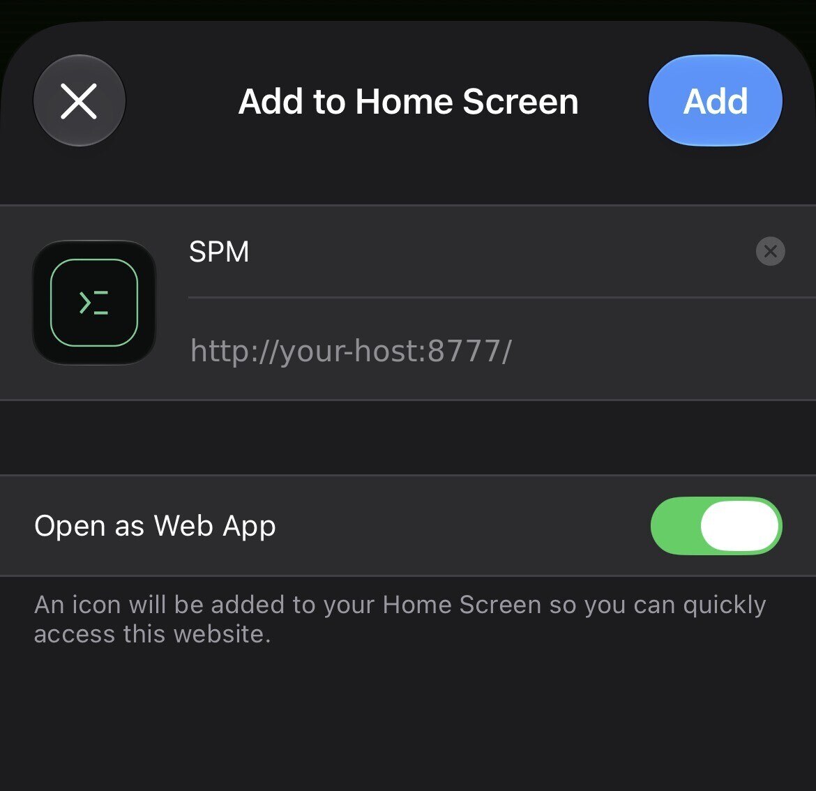 Add to Home Screen sheet with the Open as Web App toggle enabled