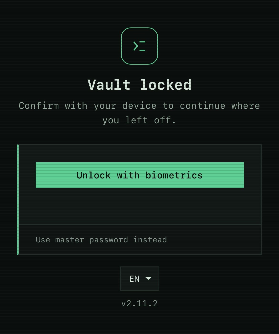 SPM locked screen on iOS offering biometric unlock with a master-password fallback