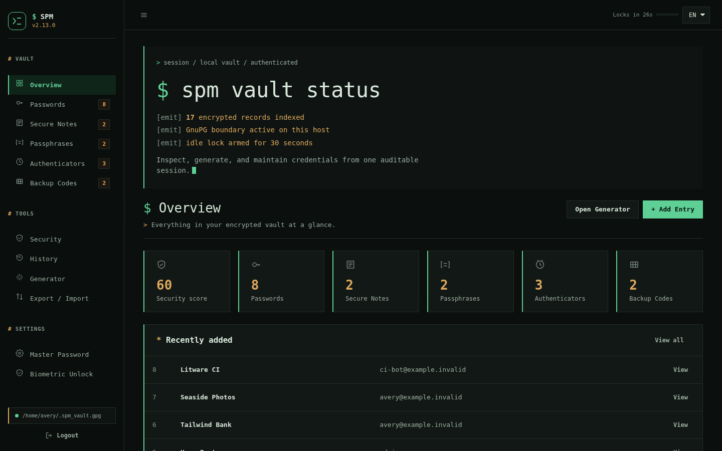 SPM vault overview and security score
