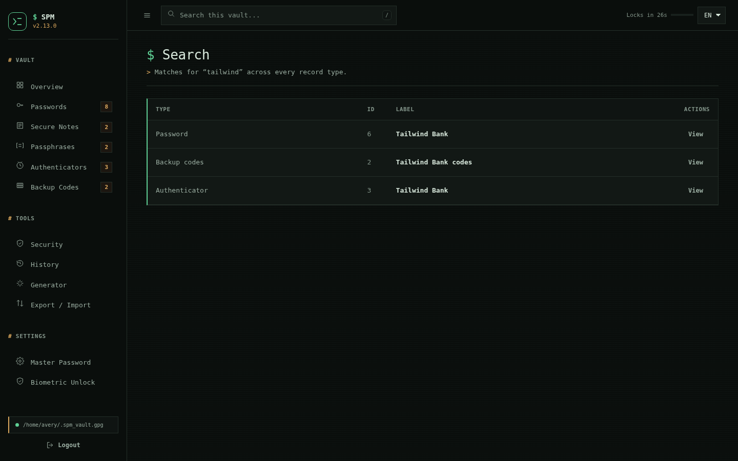 SPM search results spanning passwords, backup codes and authenticators