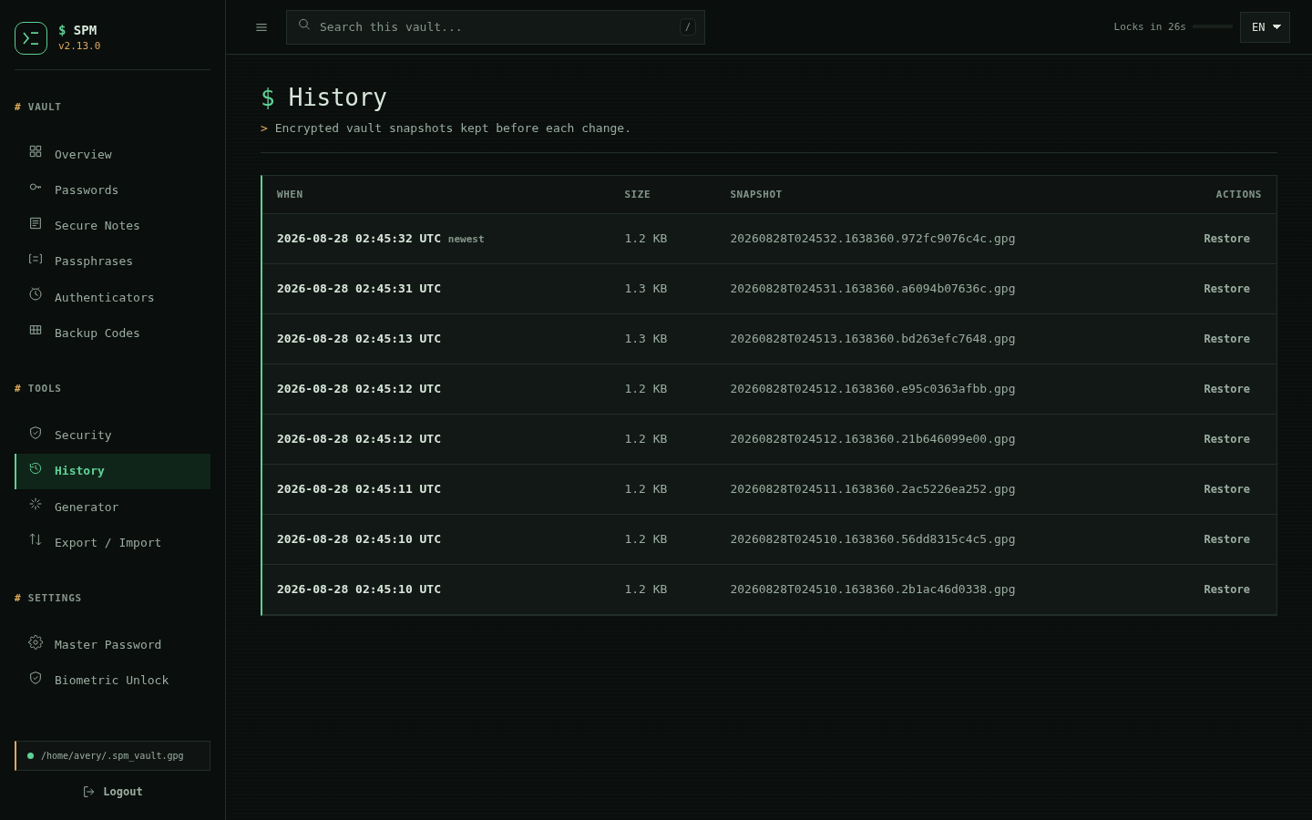 SPM history page listing encrypted vault snapshots