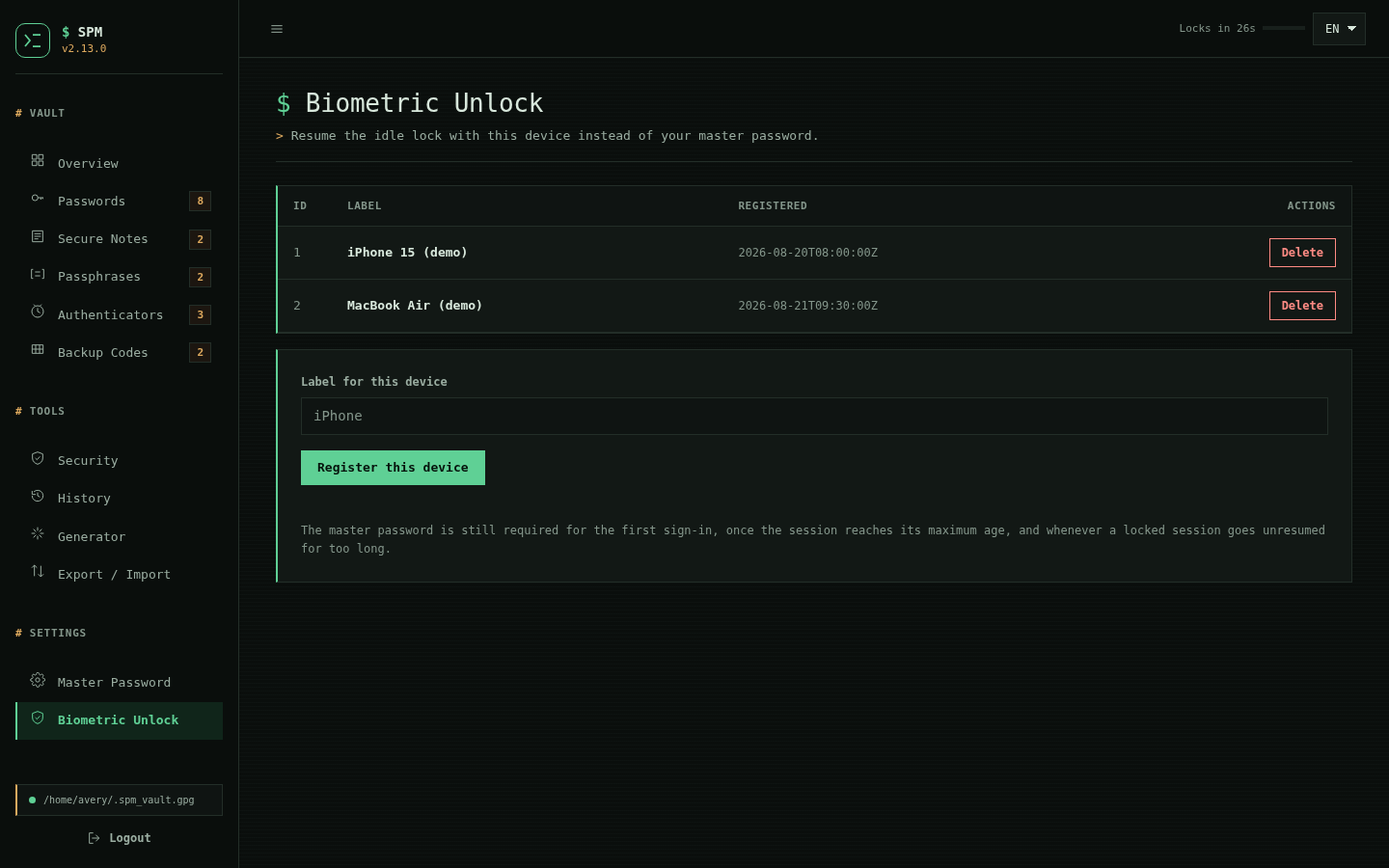 SPM biometric unlock settings listing two registered devices