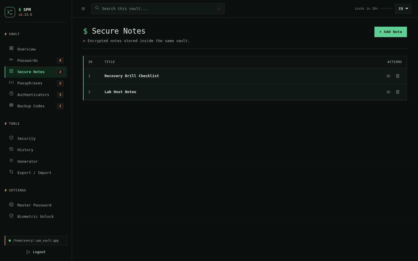 Secure notes list