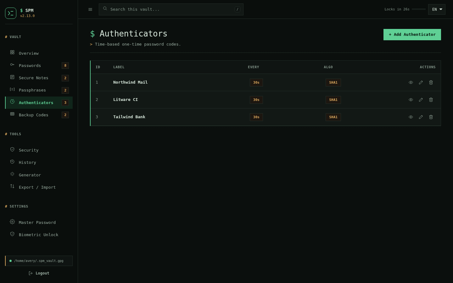 Authenticator list