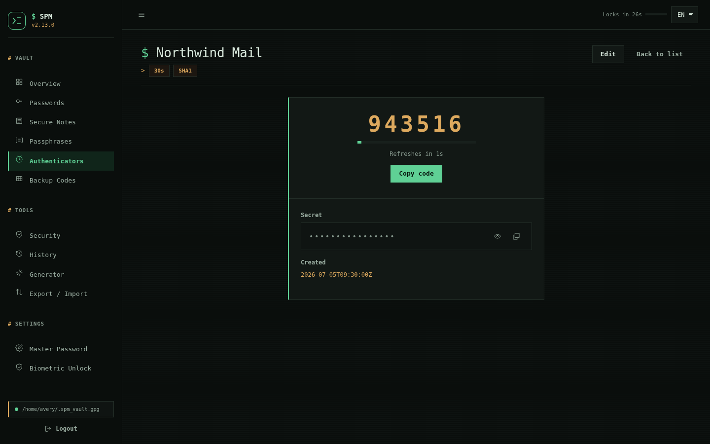 SPM TOTP authenticator view