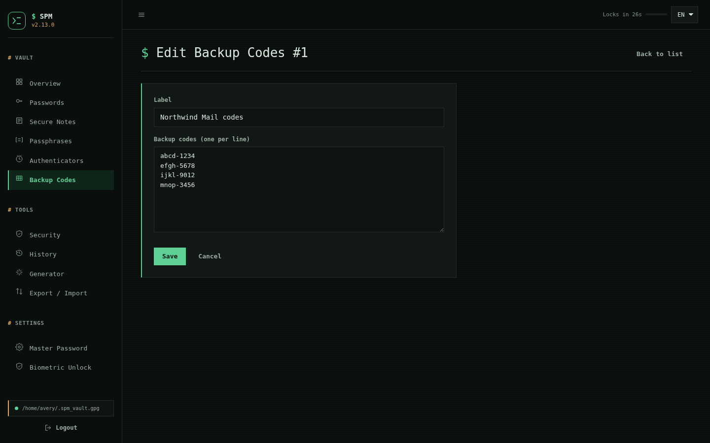 Edit backup codes