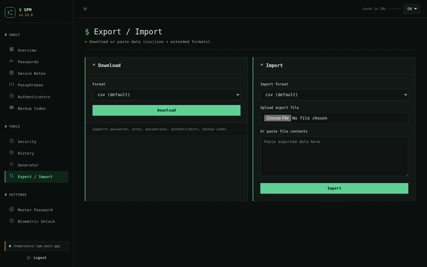 SPM import and export workspace