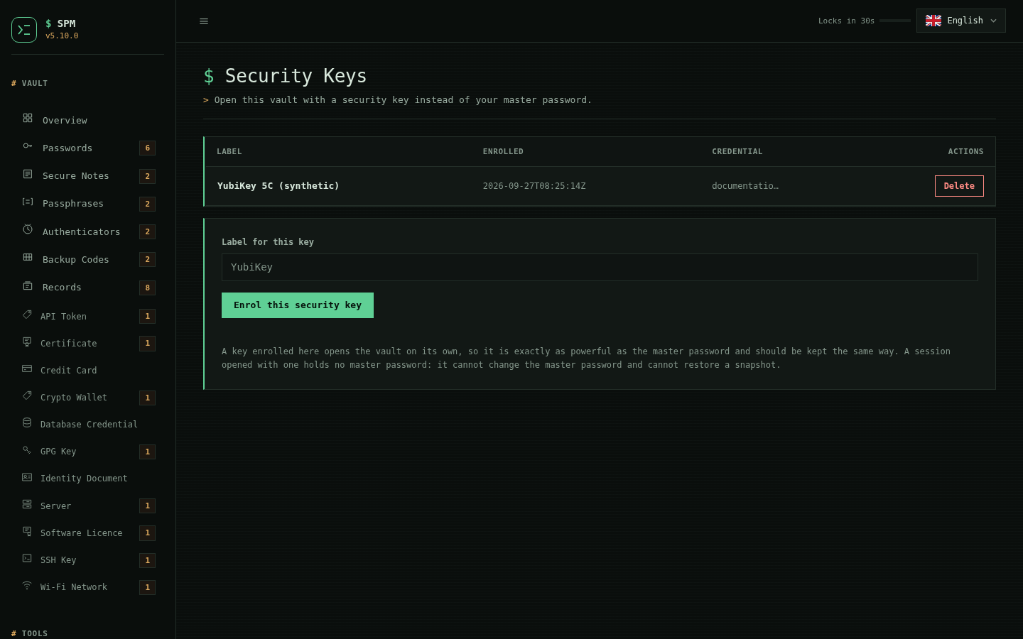 SPM security-key settings, listing one enrolled key with the enrol control and the note that a session opened with a key cannot change the master password