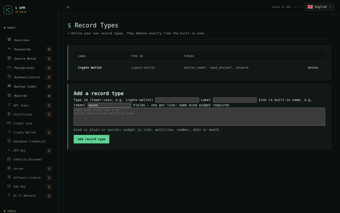 SPM Record Types page listing a user-defined Crypto Wallet type with its fields, and a form to add a new type