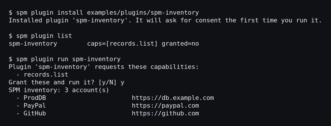 Terminal: spm plugin install and list, then spm plugin run asking for consent to the records.list capability and printing an account inventory of labels only