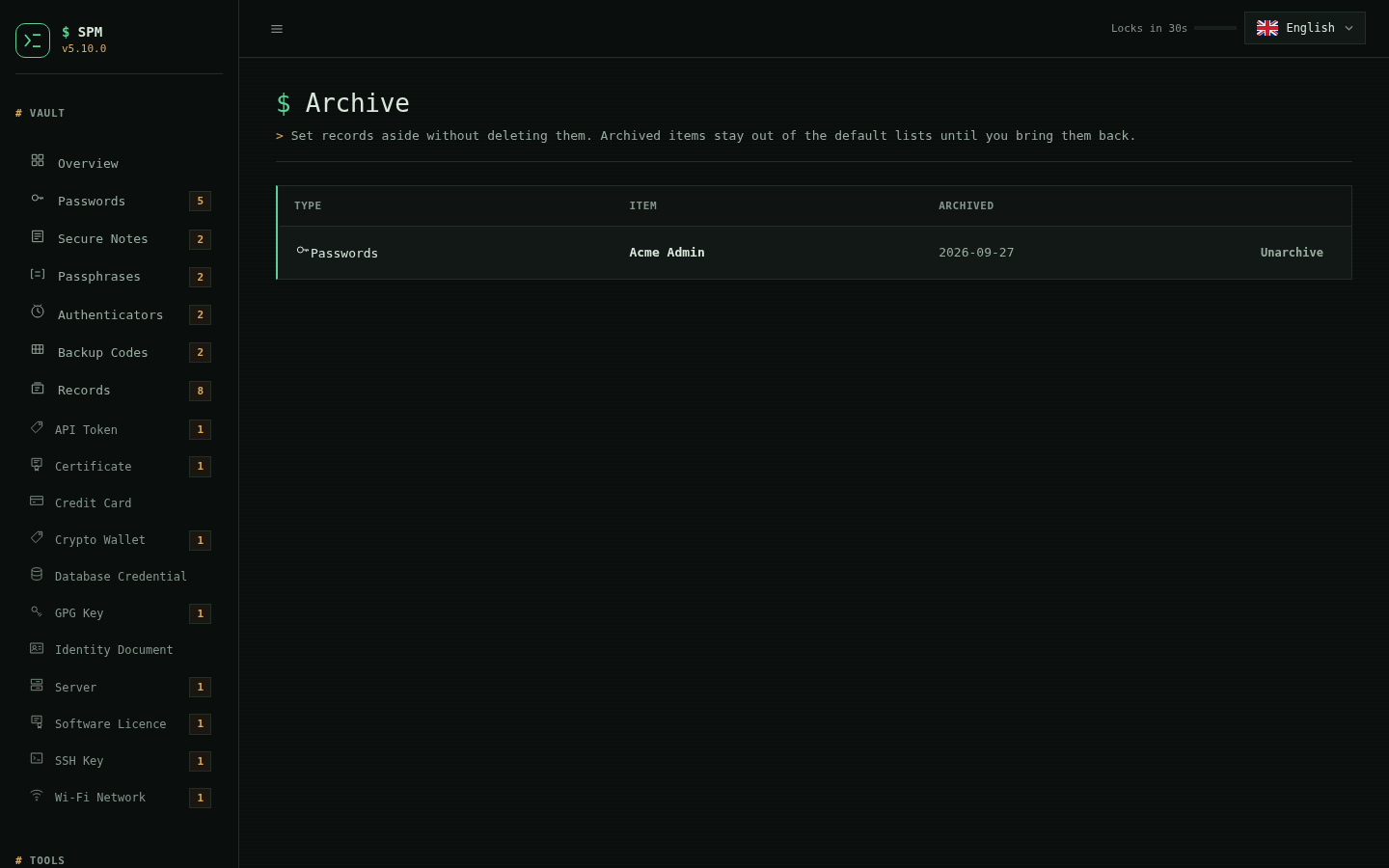 SPM Archive page listing an archived password with an Unarchive action, set aside from the default lists without being deleted