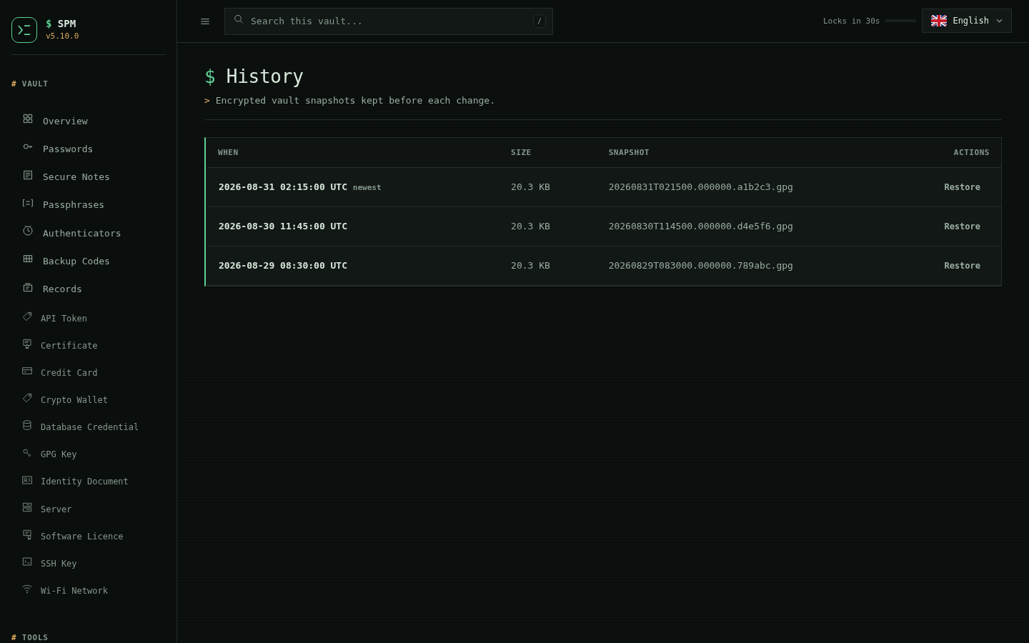 SPM history page listing encrypted vault snapshots