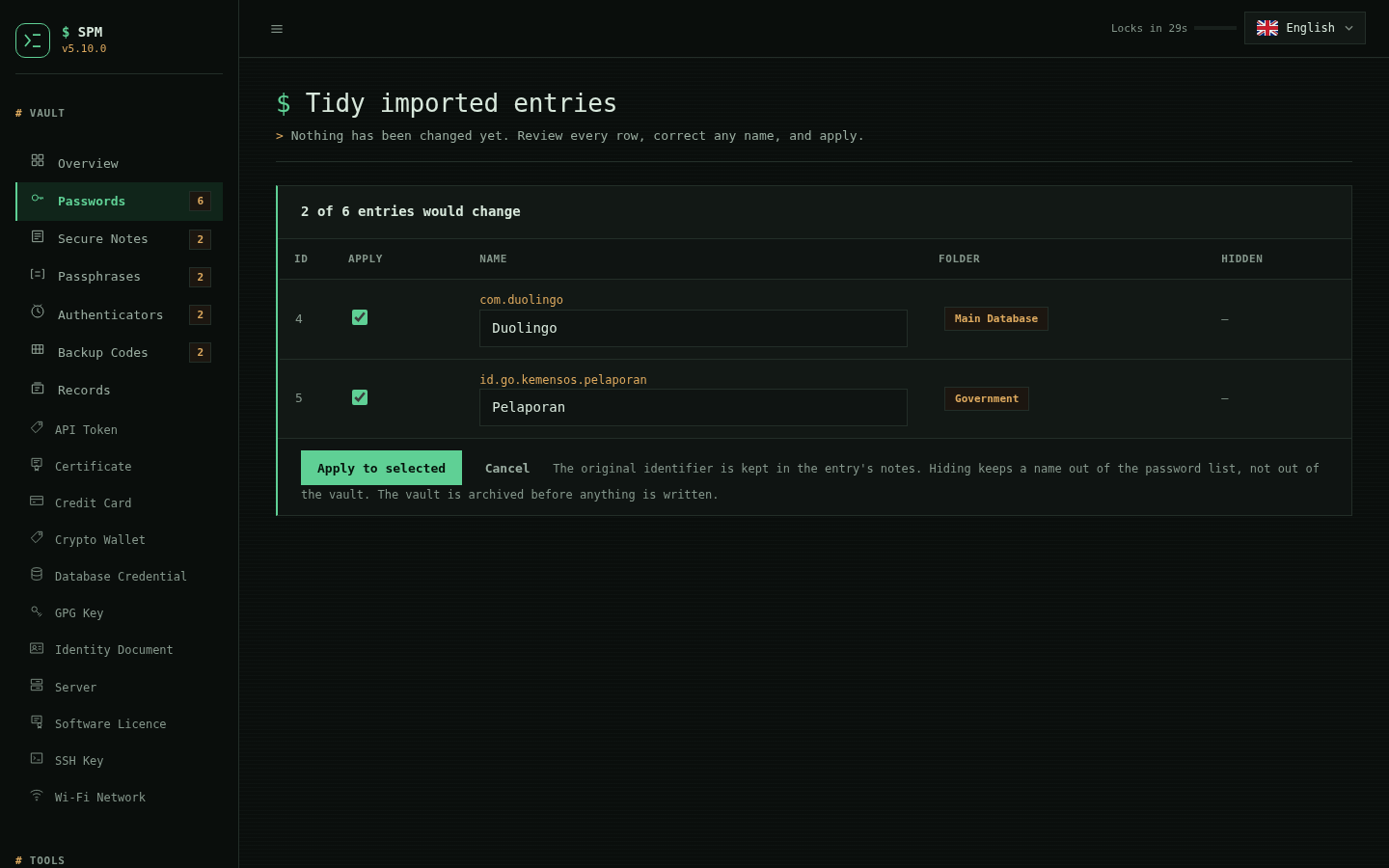 The SPM tidy review listing two imported entries, each showing its Android
package identifier above an editable name box and the folder read from its
notes, with a checkbox per row and nothing yet
applied