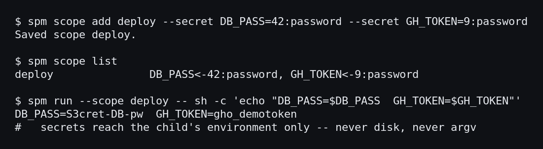 Terminal: spm scope add stores a named allow-list, spm scope list shows it as environment-variable mappings, and spm run --scope injects those secrets into a child command's environment