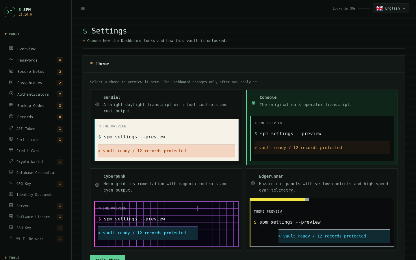 SPM Settings showing the four theme previews and unified vault settings