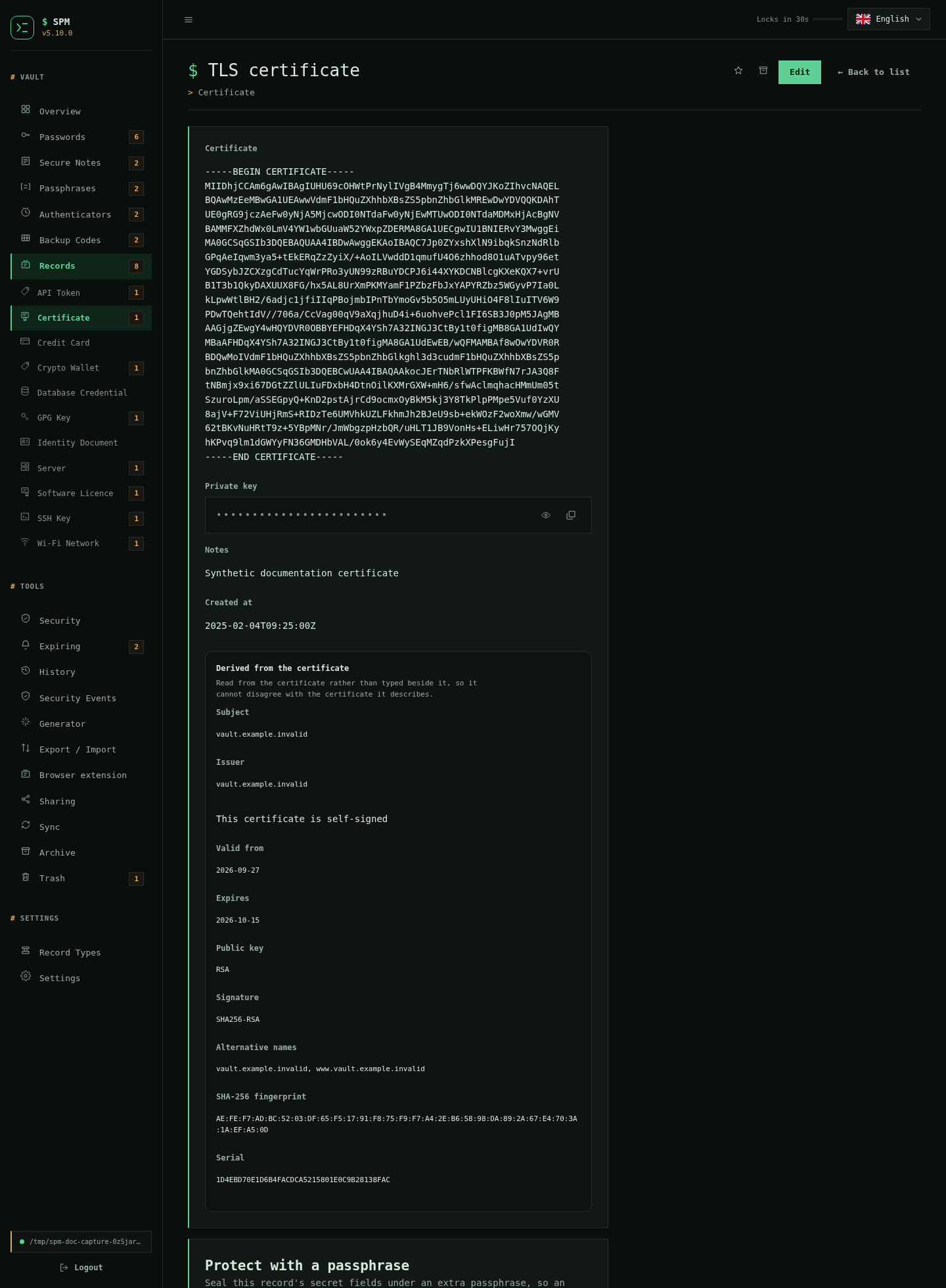 SPM certificate record with the certificate shown in full and the private key masked, and a Derived-from-the-certificate panel listing subject, issuer, validity, alternative names, algorithms and the SHA-256 fingerprint