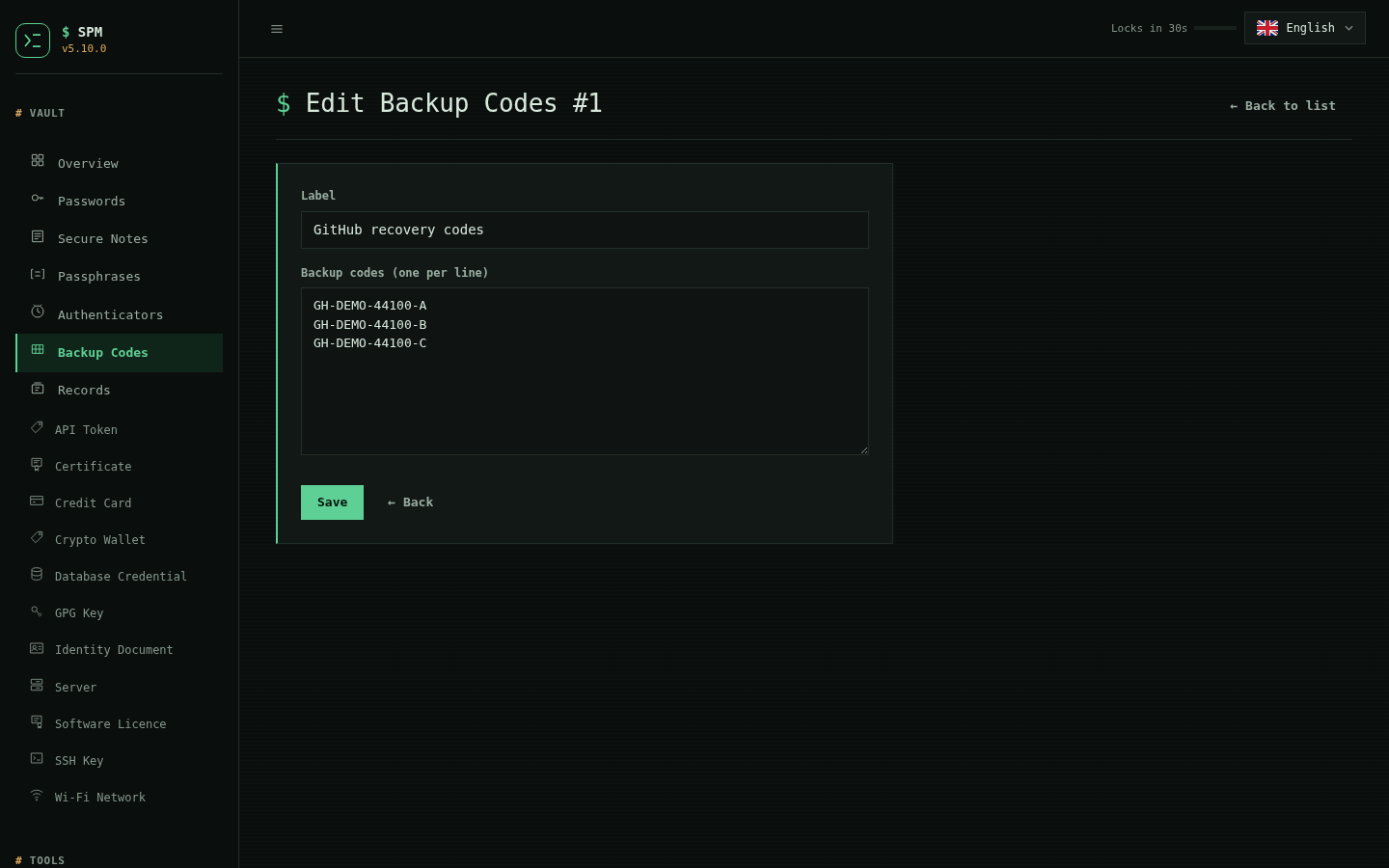 Edit backup codes