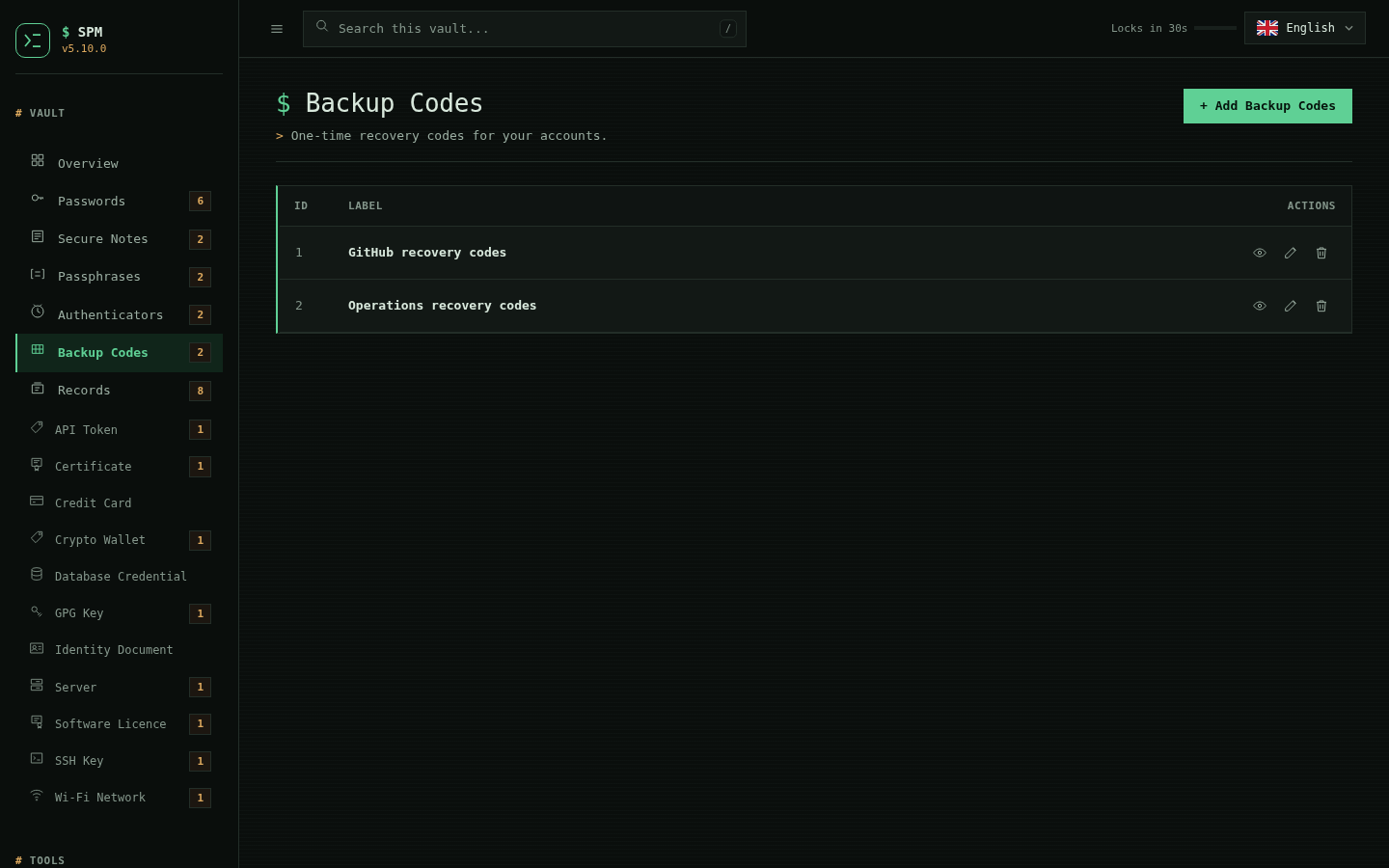 Backup-code list