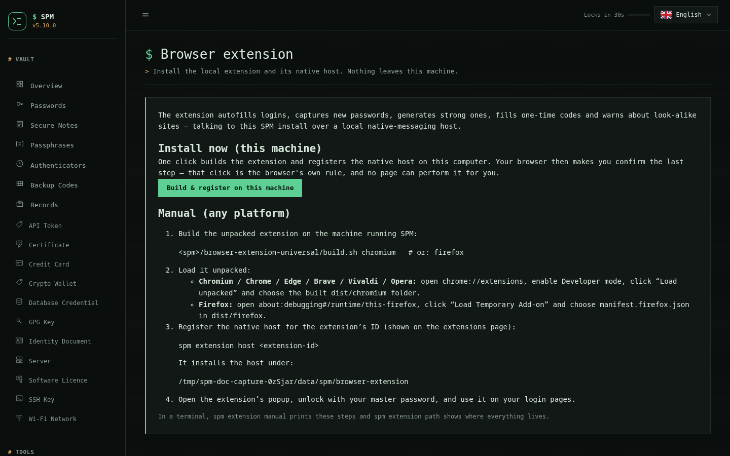 The SPM Dashboard Browser extension page: an "Install now (this machine)" section with a "Build & register on this machine" button that builds the extension and registers the native host, above the manual steps for any platform