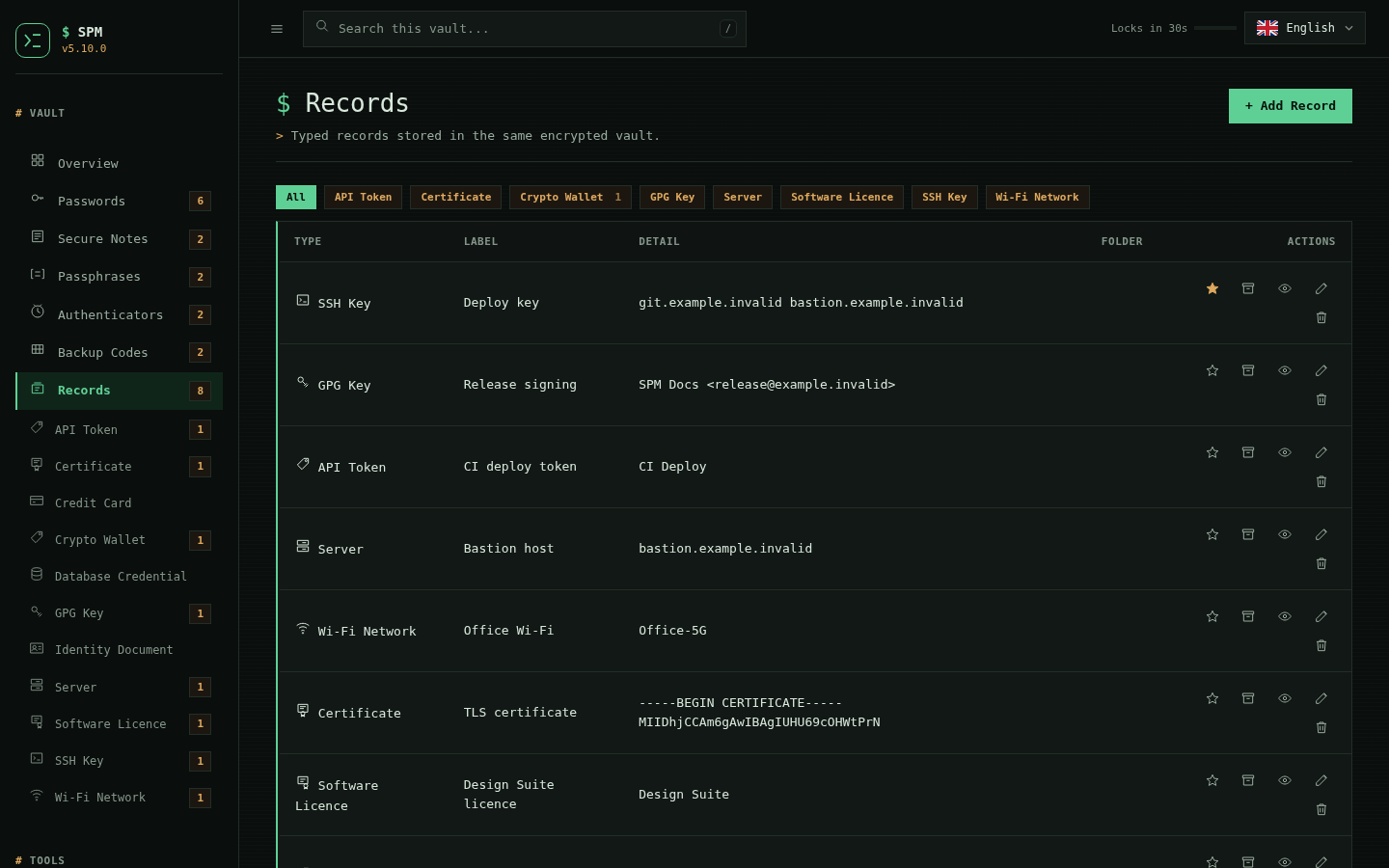 SPM typed-records list showing SSH and GPG keys, an API token, a server and a Wi-Fi network, all synthetic