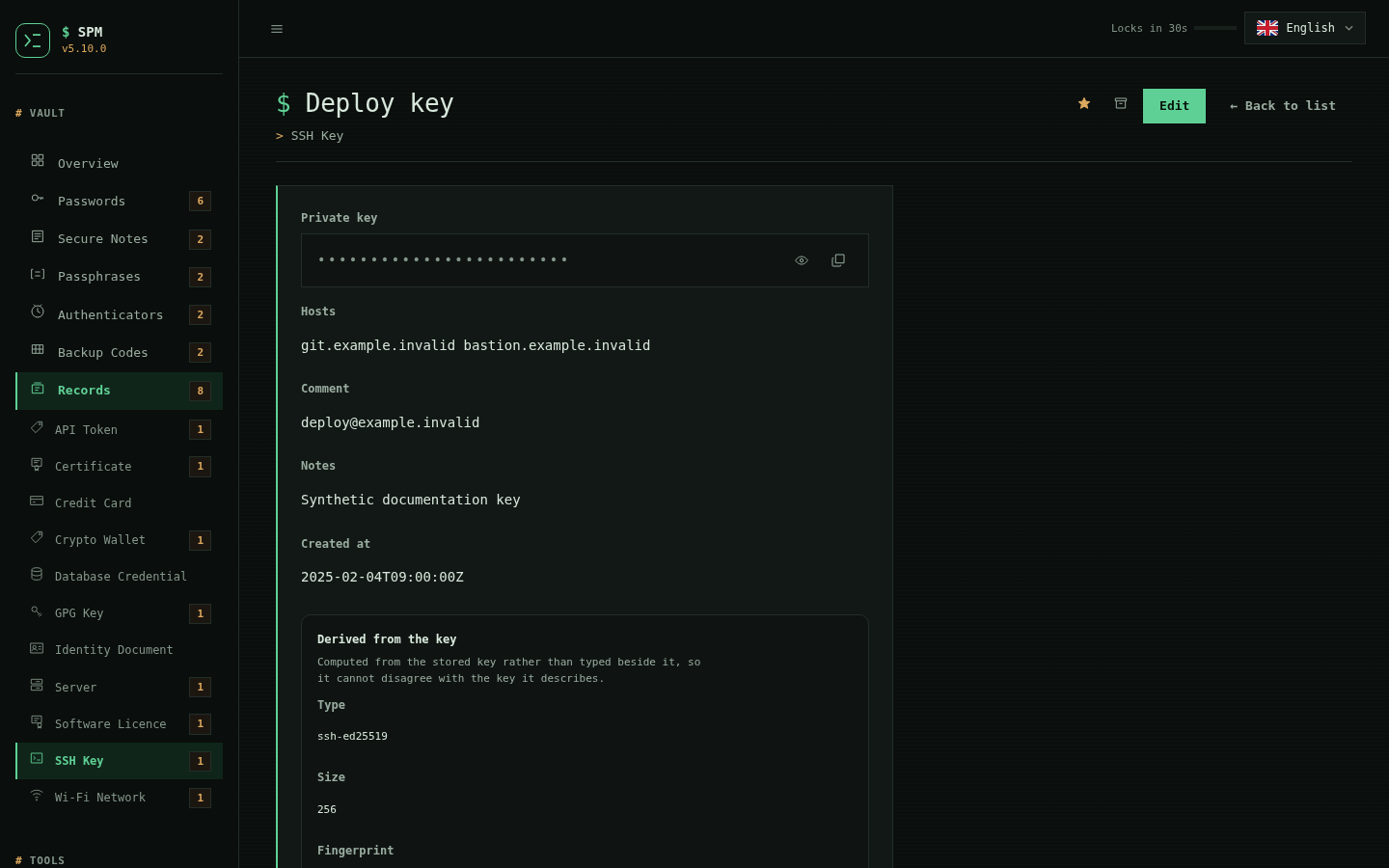 SPM SSH-key record with the private key masked and its type, size and fingerprint derived from the stored key