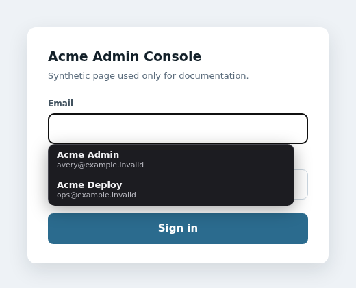 The SPM account menu open beneath the email field of a synthetic login form, listing two accounts with their usernames