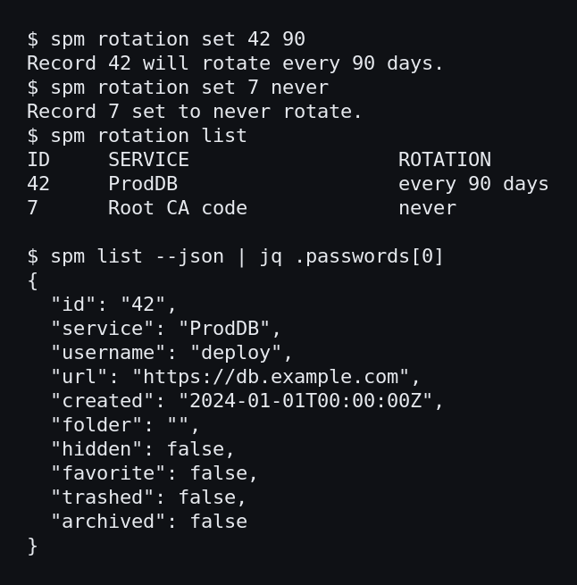Terminal: spm rotation set gives a record a 90-day window or 'never', spm rotation list shows them, and spm list --json prints a secret-free record