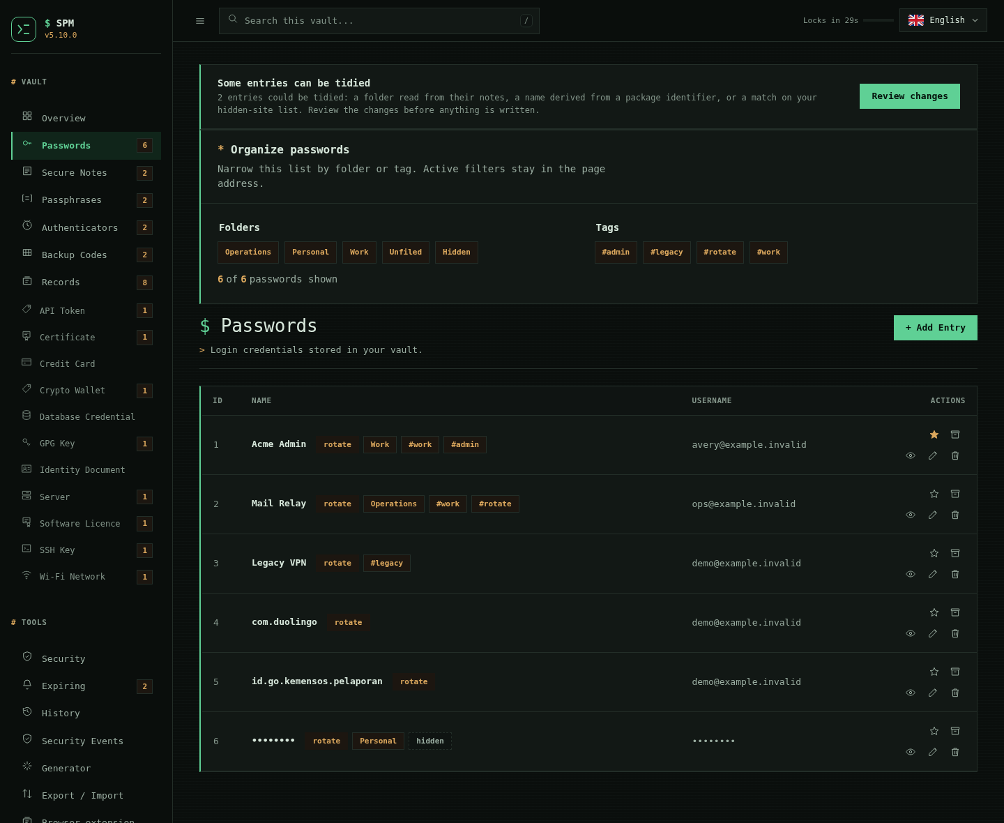 The SPM password list with one entry redacted: its service name and username
replaced by dots, a dashed "hidden" chip beside its folder, and a Hidden option
among the folder filters