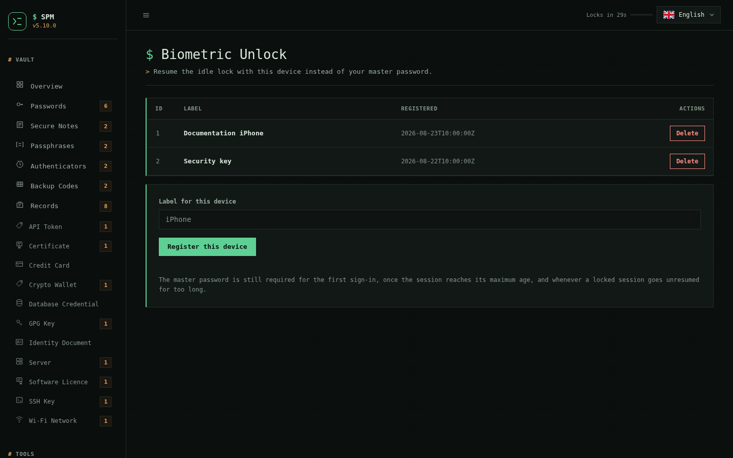 SPM biometric unlock settings listing two registered devices