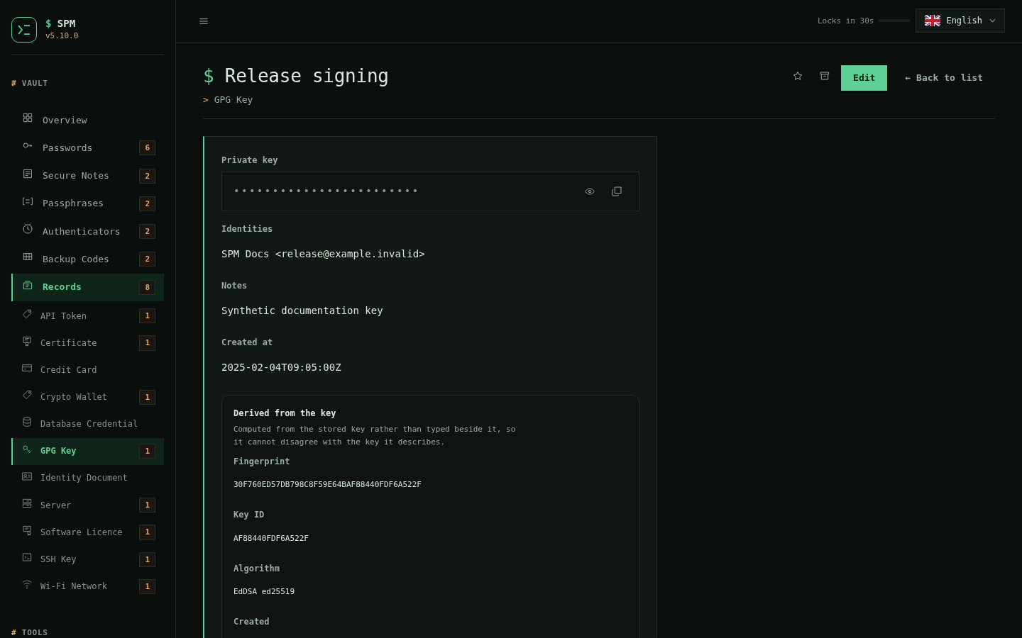 SPM GPG-key record with the secret key masked and its fingerprint, key id and algorithm derived from the stored key