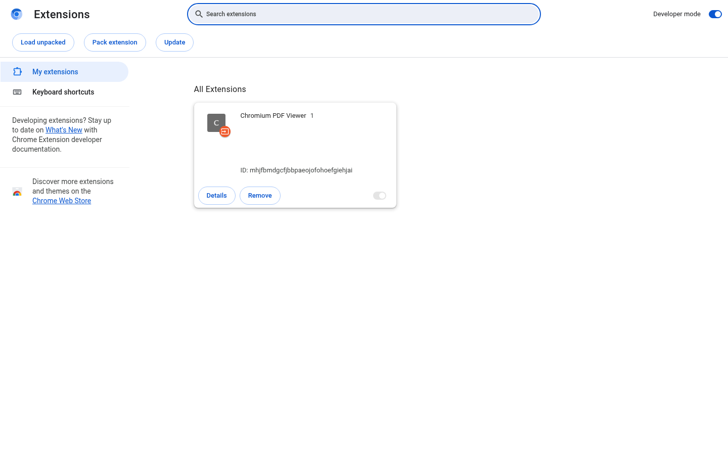 Chrome Extensions showing Developer mode enabled and Load unpacked ready