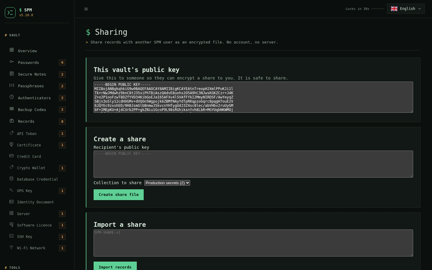 SPM Sharing page showing this vault's exported public key, a create-a-share form, an import form and a list of collections