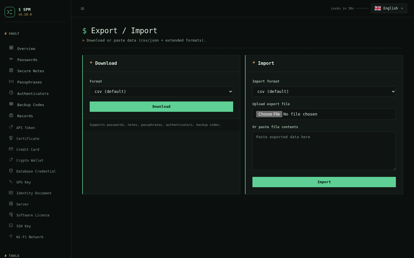 SPM import and export workspace