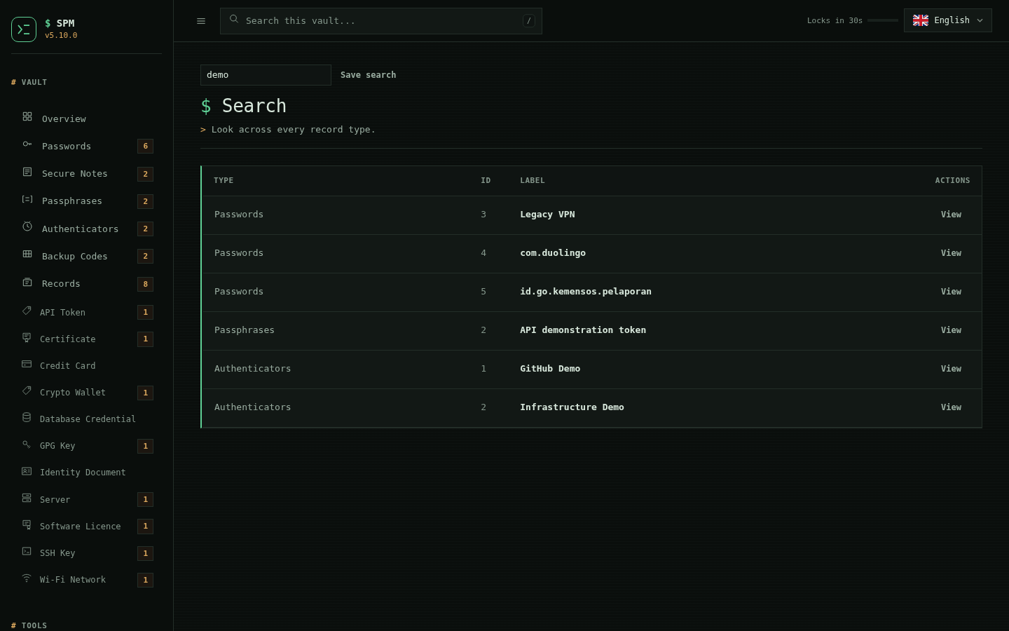 SPM search results spanning passwords, backup codes and authenticators