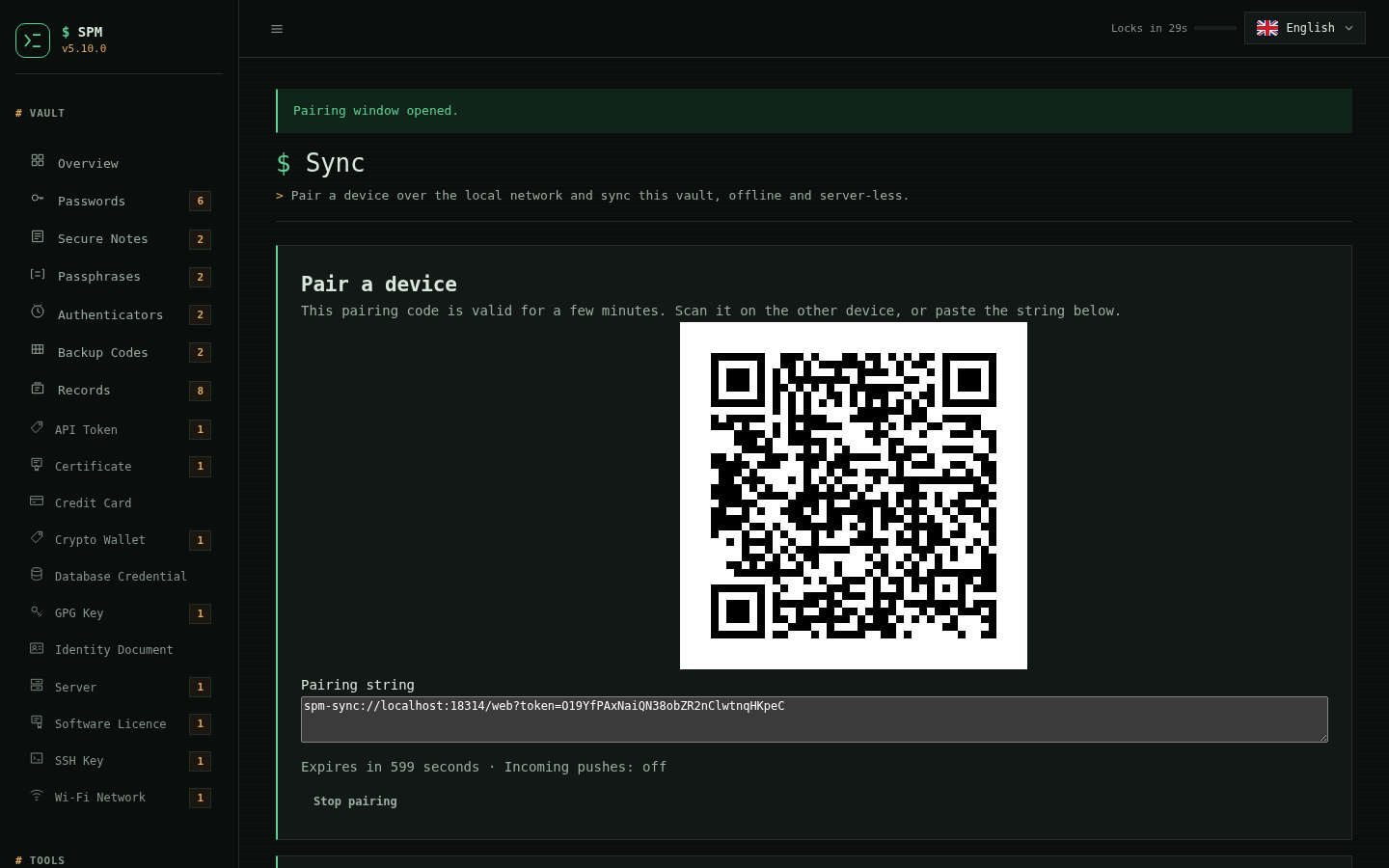 SPM Sync page showing a device-pairing QR code and its spm-sync pairing string, with a note that the routes answer only on the interface the dashboard is bound to