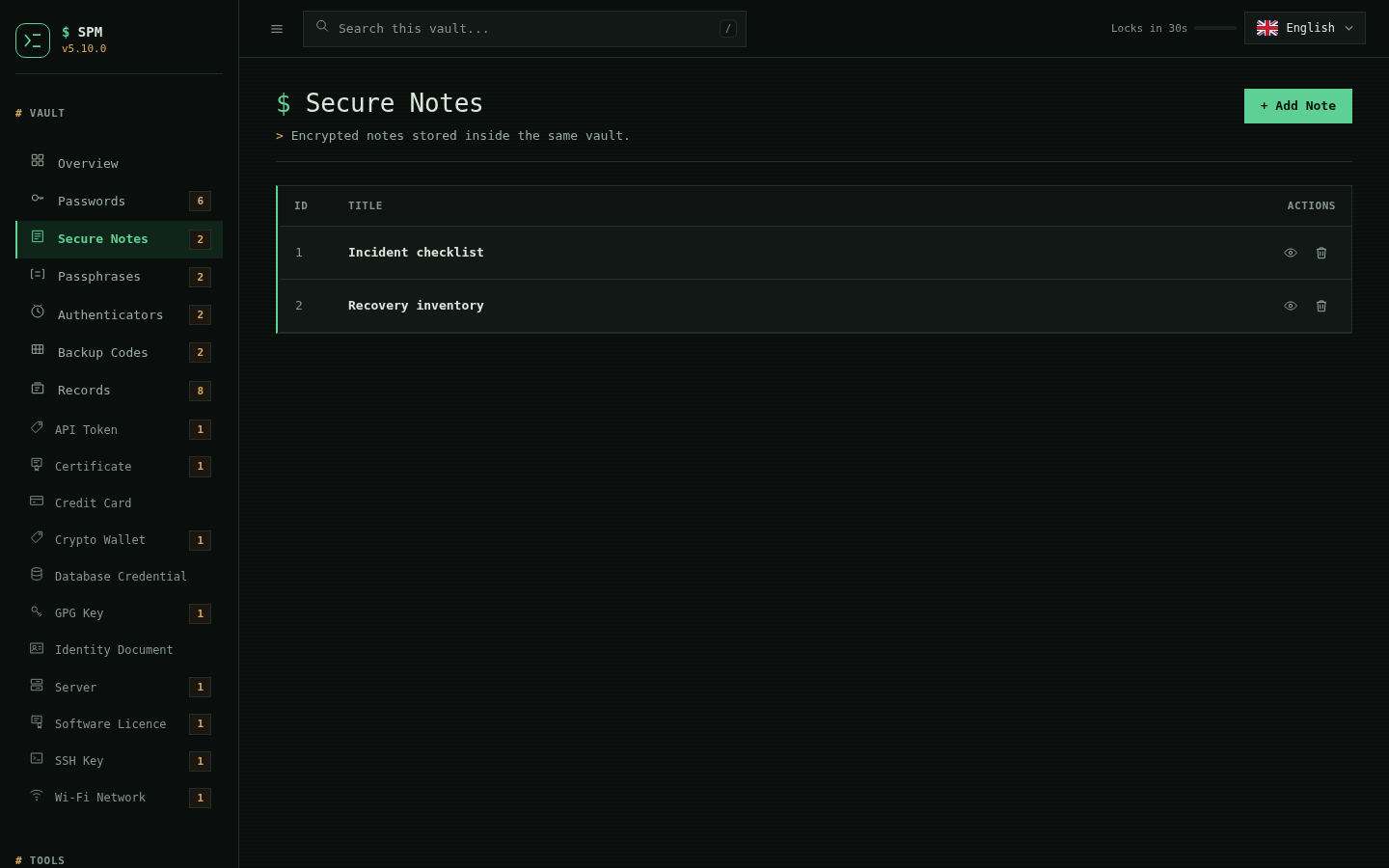 Secure notes list