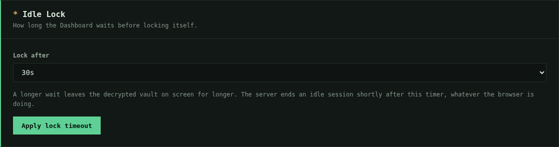 The Idle Lock section of SPM Settings: a "Lock after" dropdown set to 30s,
above a note explaining that a longer wait leaves the decrypted vault on screen
for longer and that the server ends an idle session shortly after this
timer