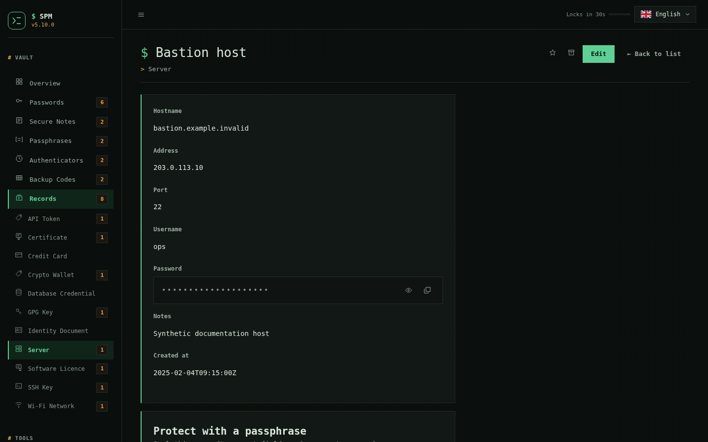 Server record with hostname, address, port and account