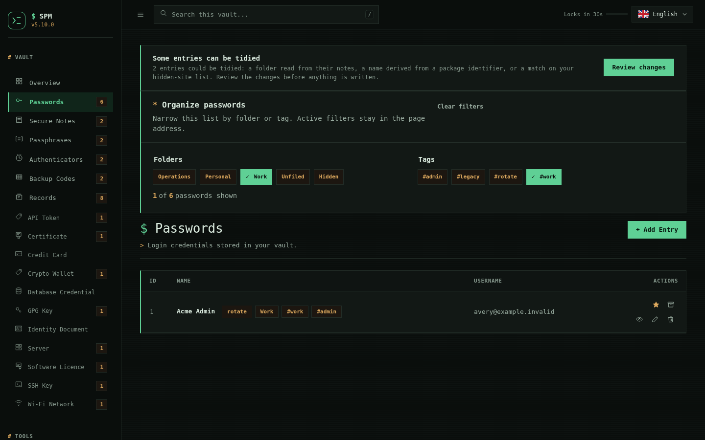 SPM password list filtered to the Work folder and work tag, with selected
filters and result count visible