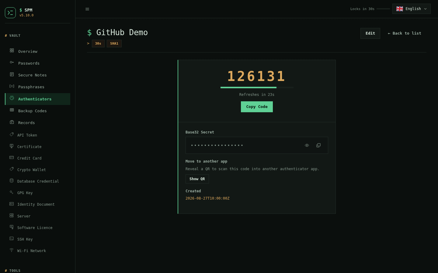 SPM TOTP authenticator view