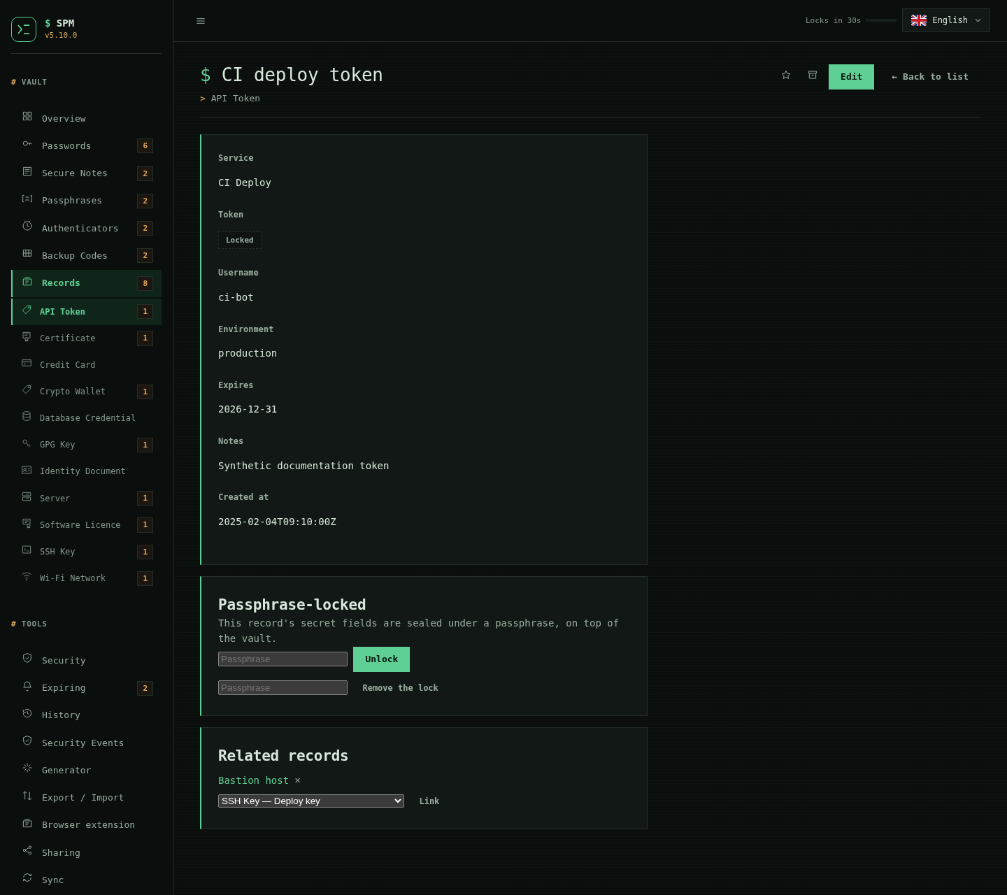 SPM record view with its secret token field shown as Locked, a passphrase-lock panel offering unlock and remove, and a Related-records block linking to another record
