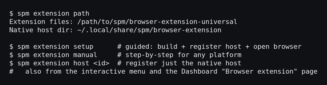 Terminal: spm extension path, setup, manual and host — installing the browser extension and its native host from the command line, the menu or the Dashboard